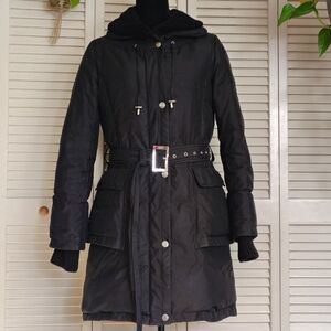 DKNY Black Hooded Belted Parka Jacket Size S – Good Condition